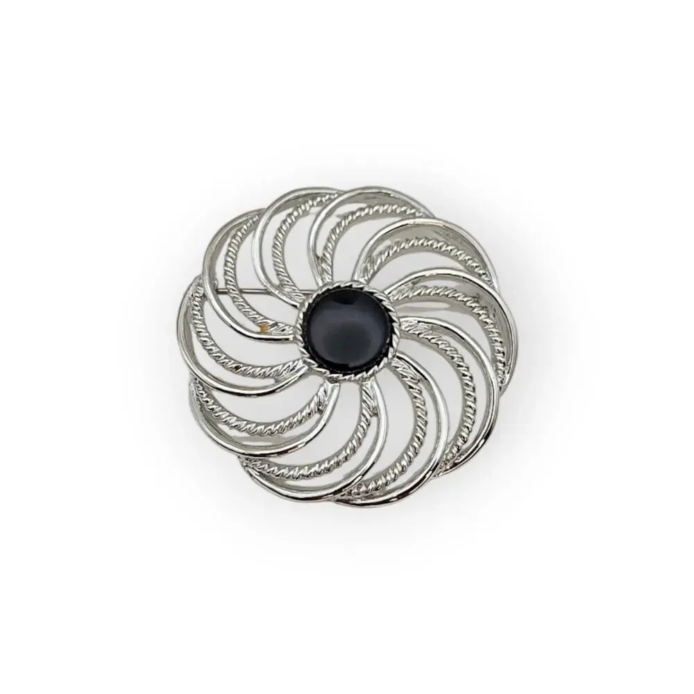 Sarah Coventry Black Cabochon Swirl Silver Tone Vintage Brooch Pin